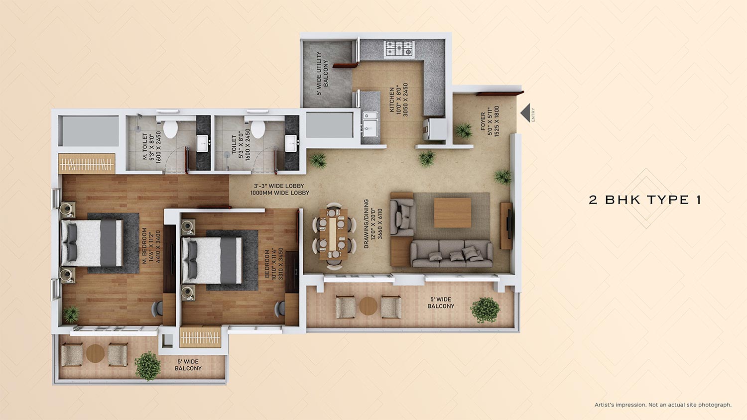 2 BHK Type 1 floor plan