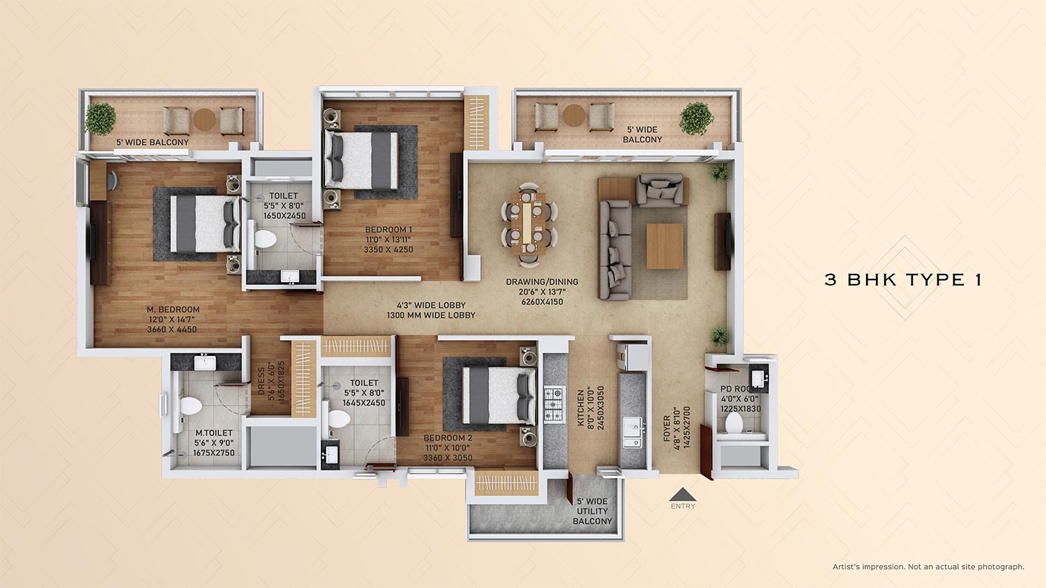3 BHK Type 1 floor plan