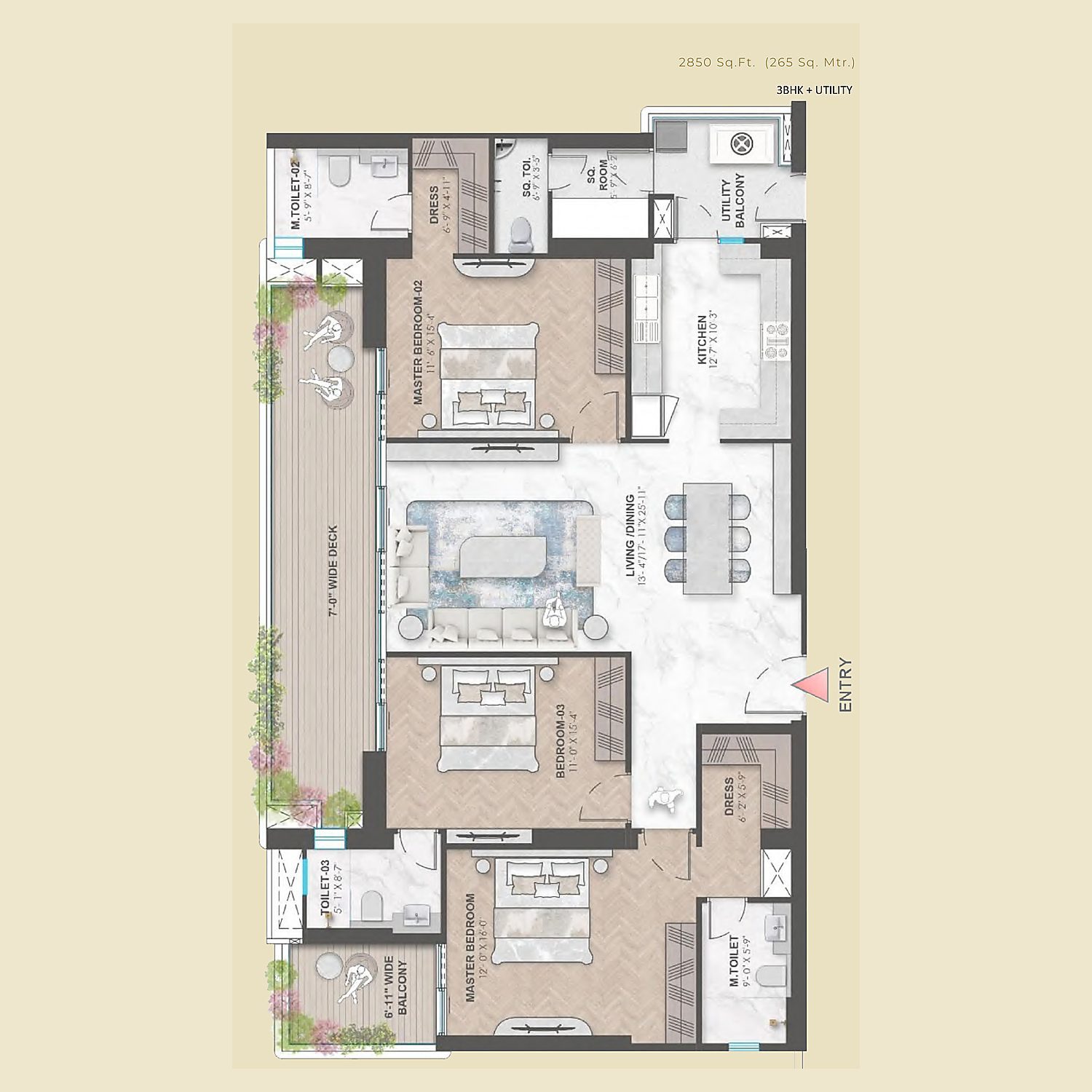 3BHK Utility floor plan