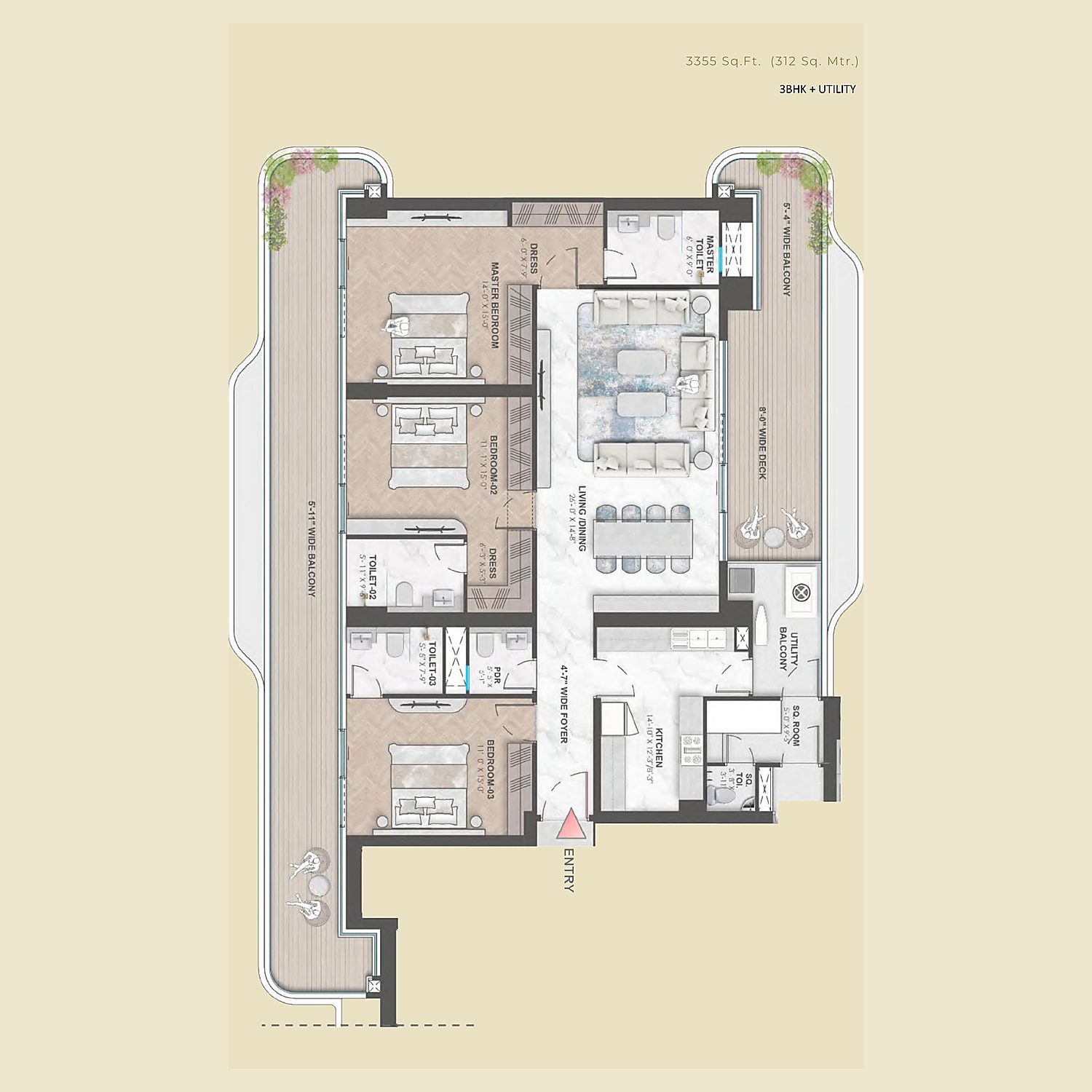 3BHK Utility floor plan